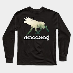 Amoosing Walking Moose With A Green White Forest Tree Fill Long Sleeve T-Shirt